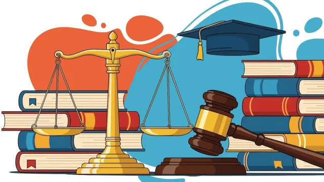 llustration with scales of justice gavel law books graduation cap